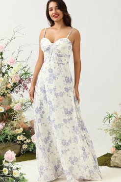 A Line Cintas de Espaguete Roxo Flor Estampado Vestido de Dama de Honor