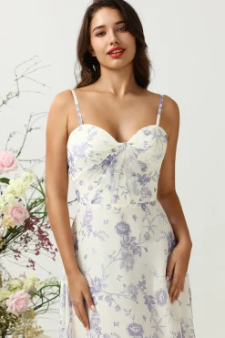 A Line Cintas de Espaguete Roxo Flor Estampado Vestido de Dama de Honor