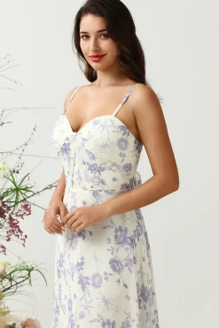 A Line Cintas de Espaguete Roxo Flor Estampado Vestido de Dama de Honor