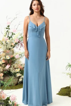 A Line Cintas de Espaguete Cinza Azul Vestido de Festa