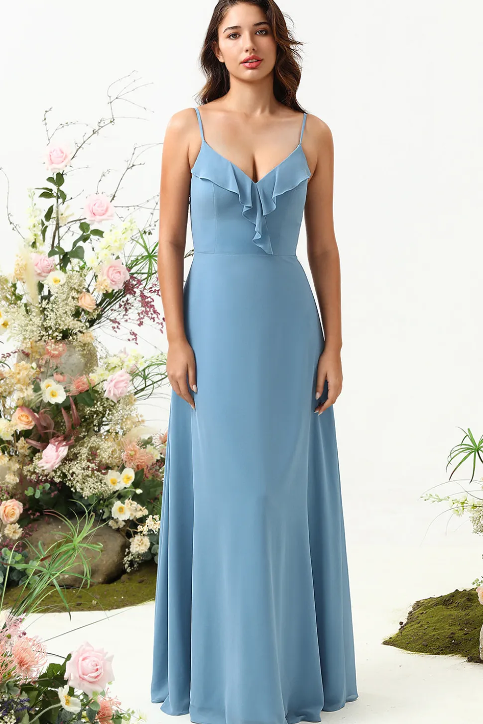 A Line Cintas de Espaguete Cinza Azul Vestido de Festa