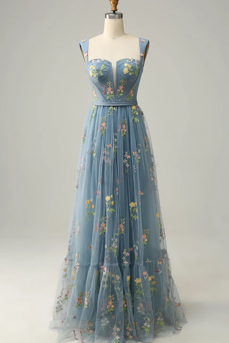 A Line Cinza Azul Vestido Cerimónia Com Bordado