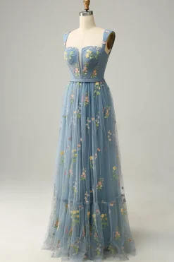 A Line Cinza Azul Vestido Cerimónia Com Bordado