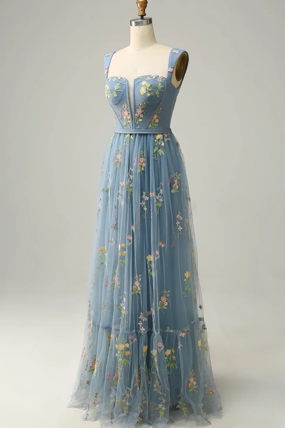 A Line Cinza Azul Vestido Cerimónia Com Bordado