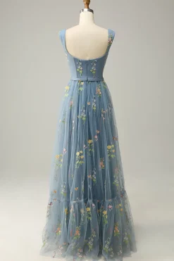 A Line Cinza Azul Vestido Cerimónia Com Bordado