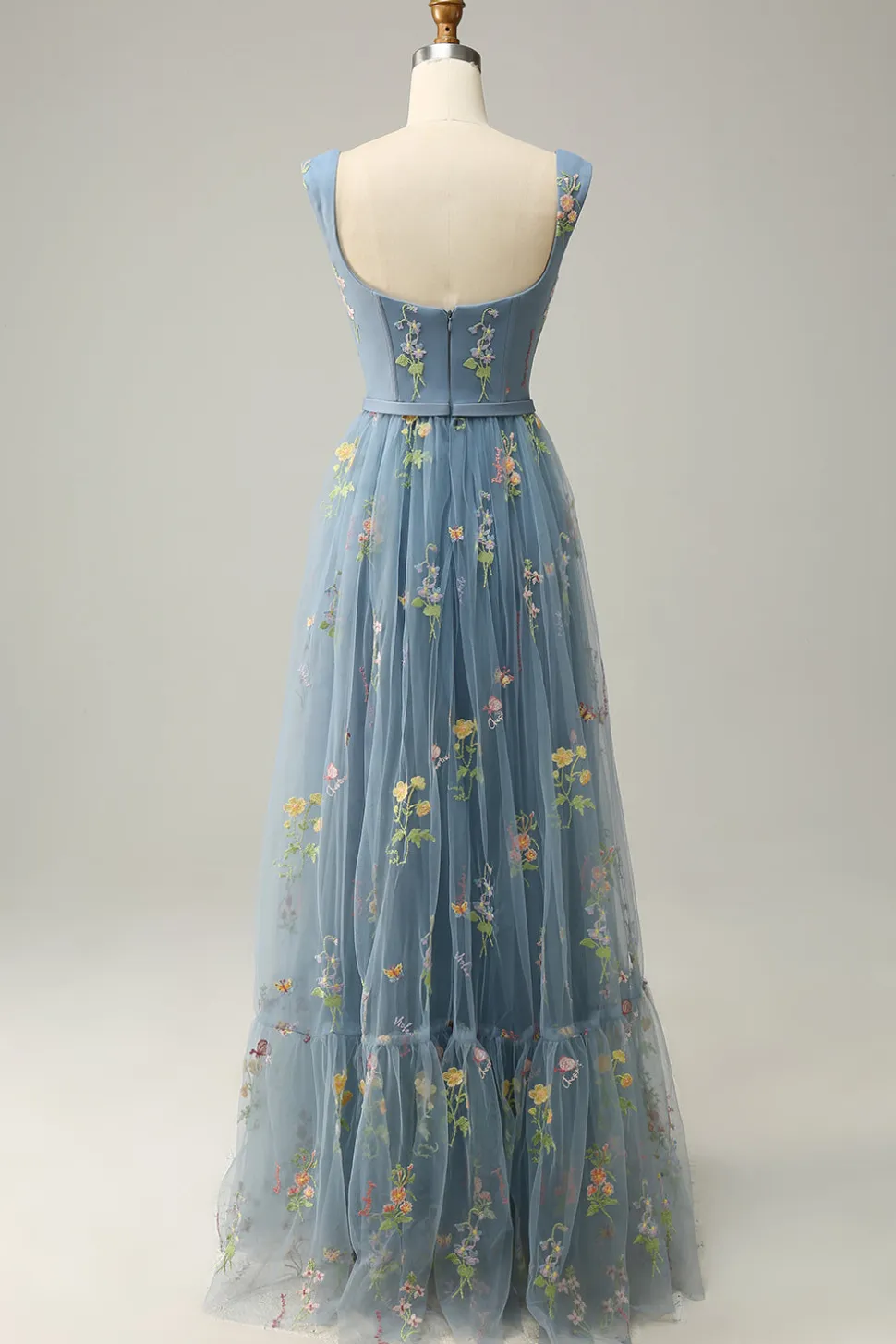 A Line Cinza Azul Vestido Cerimónia Com Bordado