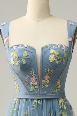 A Line Cinza Azul Vestido Cerimónia Com Bordado