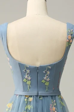 A Line Cinza Azul Vestido Cerimónia Com Bordado