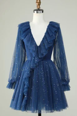 A Line Deep V Neck Navy Vestido Curto Homecoming com Folhos