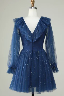 A Line Deep V Neck Navy Vestido Curto Homecoming com Folhos