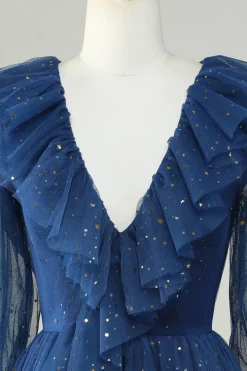 A Line Deep V Neck Navy Vestido Curto Homecoming com Folhos