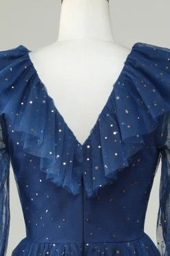 A Line Deep V Neck Navy Vestido Curto Homecoming com Folhos