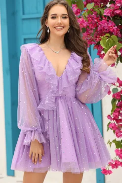 A Line Deep V Neck Navy Vestido Curto Homecoming com Folhos