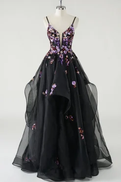 A Line Deep V Neck Preto Vestido de Baile de Formatura com Apliques de Lantejoulas