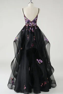 A Line Deep V Neck Preto Vestido de Baile de Formatura com Apliques de Lantejoulas