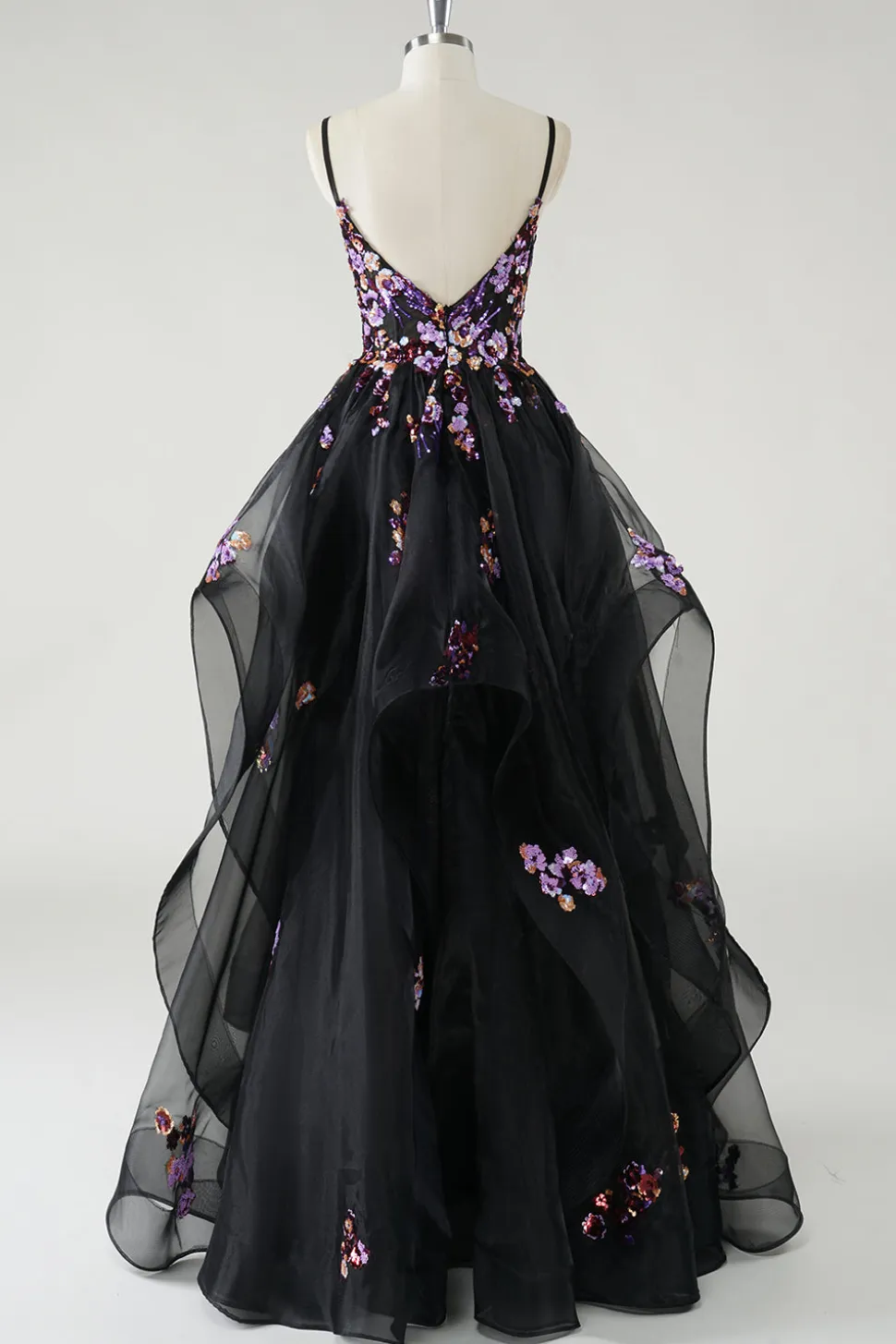 A Line Deep V Neck Preto Vestido de Baile de Formatura com Apliques de Lantejoulas