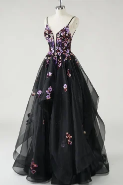 A Line Deep V Neck Preto Vestido de Baile de Formatura com Apliques de Lantejoulas