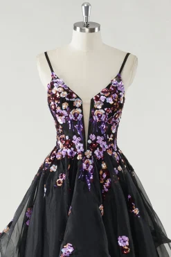 A Line Deep V Neck Preto Vestido de Baile de Formatura com Apliques de Lantejoulas