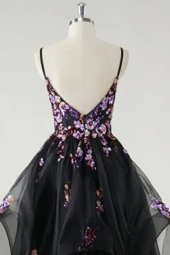 A Line Deep V Neck Preto Vestido de Baile de Formatura com Apliques de Lantejoulas