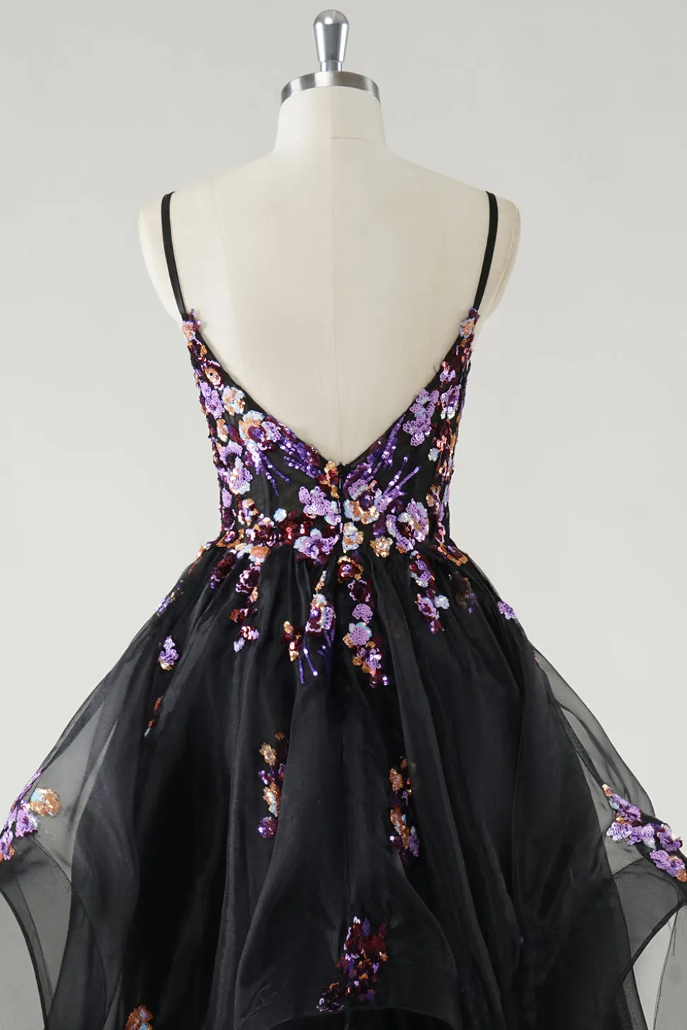 A Line Deep V Neck Preto Vestido de Baile de Formatura com Apliques de Lantejoulas