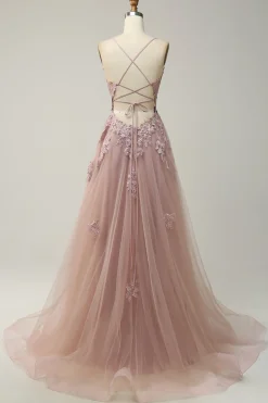 A Line Esparguete Alças Rosa Vestido Cerimónia com Apliques