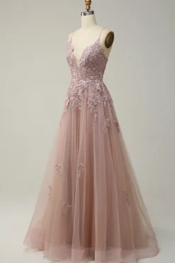 A Line Esparguete Alças Rosa Vestido Cerimónia com Apliques