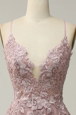 A Line Esparguete Alças Rosa Vestido Cerimónia com Apliques