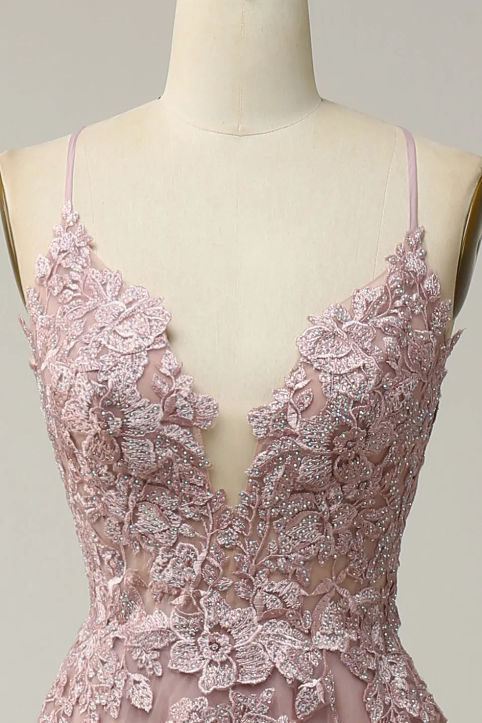 A Line Esparguete Alças Rosa Vestido Cerimónia com Apliques