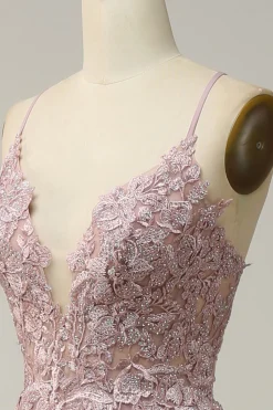 A Line Esparguete Alças Rosa Vestido Cerimónia com Apliques