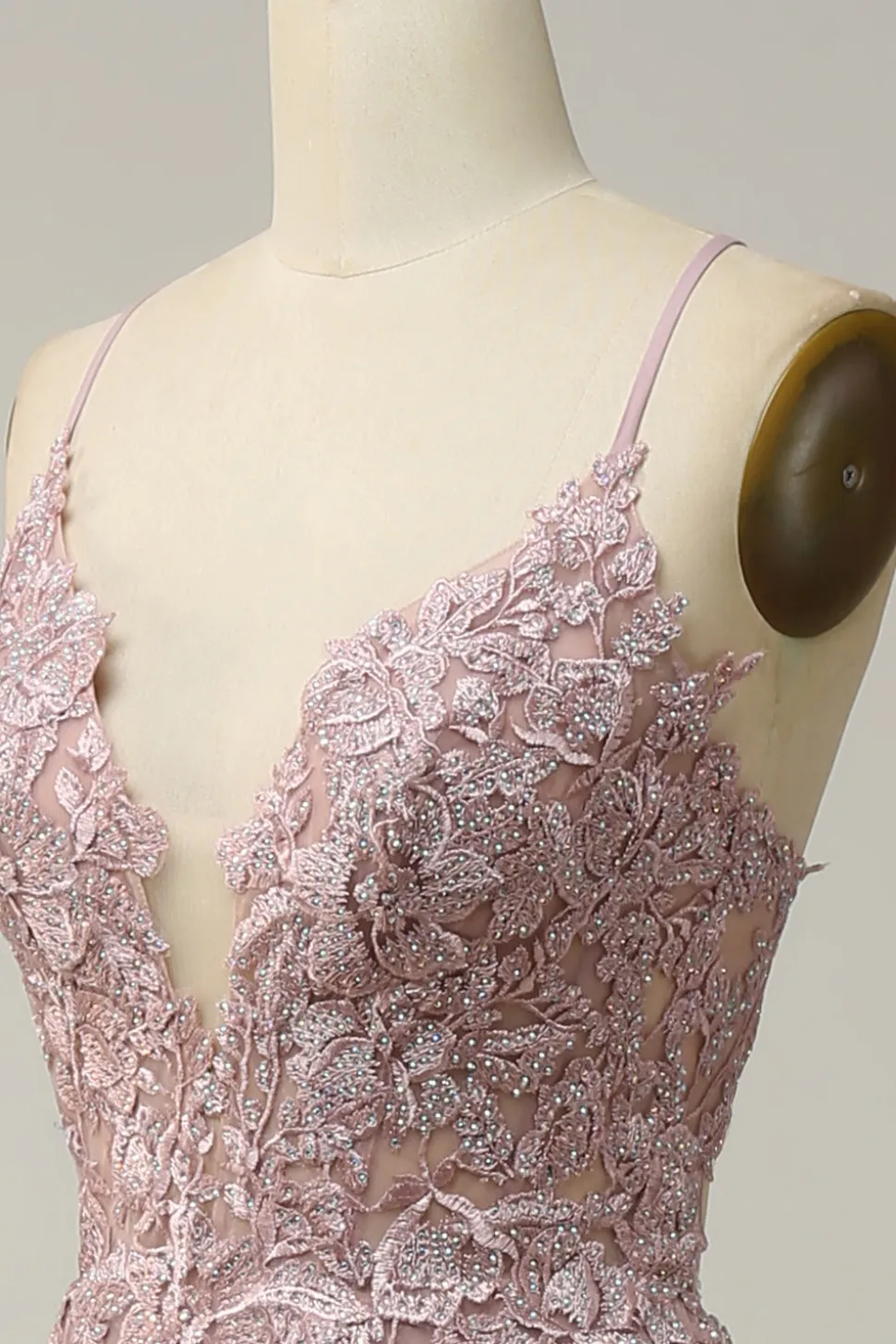 A Line Esparguete Alças Rosa Vestido Cerimónia com Apliques
