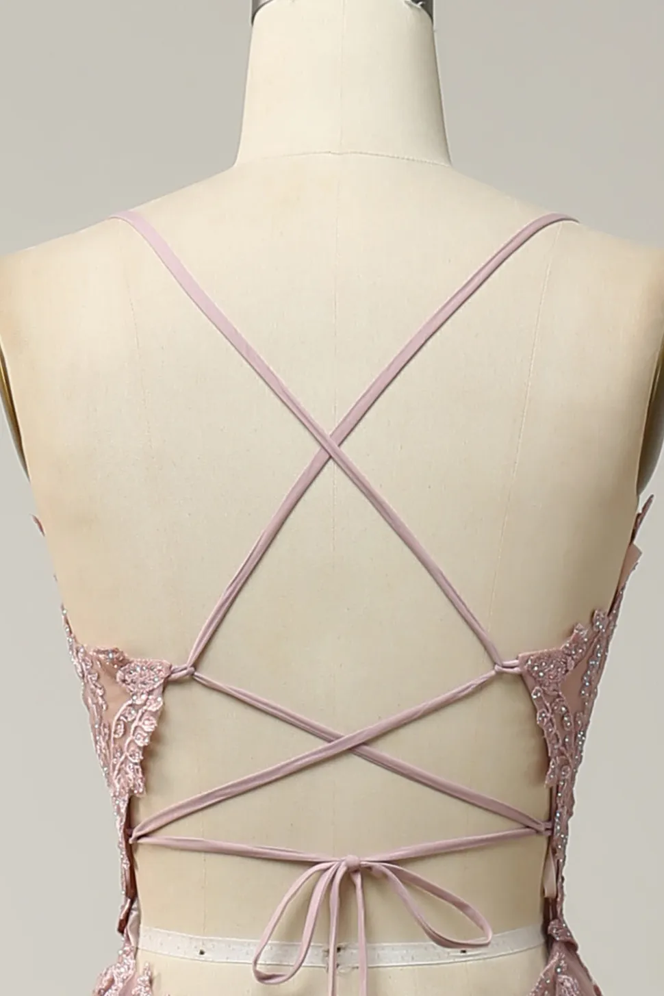 A Line Esparguete Alças Rosa Vestido Cerimónia com Apliques