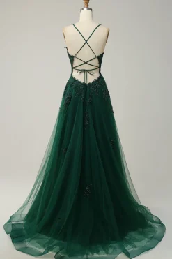 A Line Esparguete Alças Rosa Vestido Cerimónia com Apliques