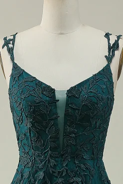 A Line Esparguete Correias Verde Escuro Vestido de Baile Com Apliques
