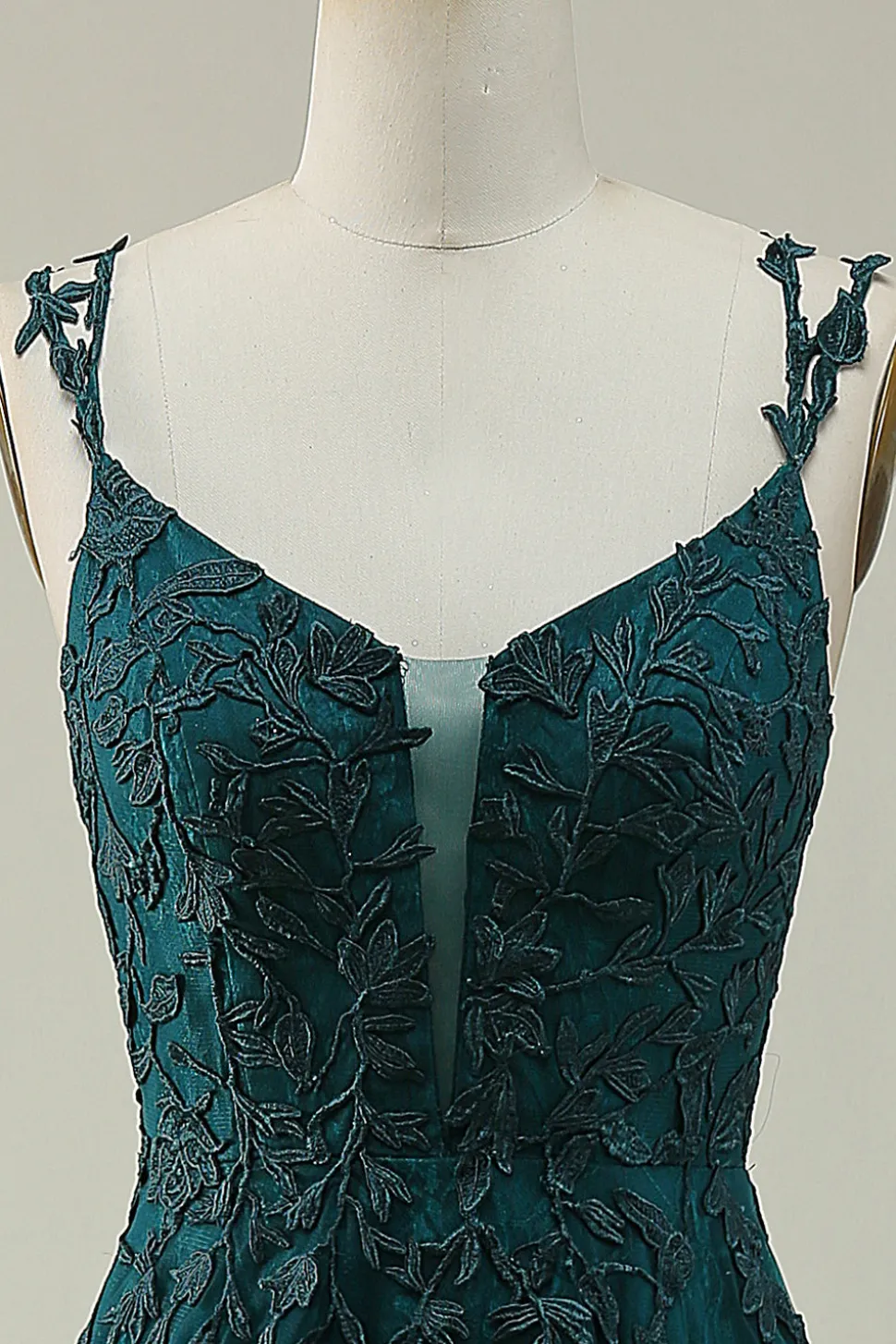 A Line Esparguete Correias Verde Escuro Vestido de Baile Com Apliques