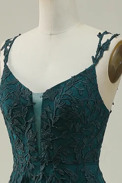 A Line Esparguete Correias Verde Escuro Vestido de Baile Com Apliques