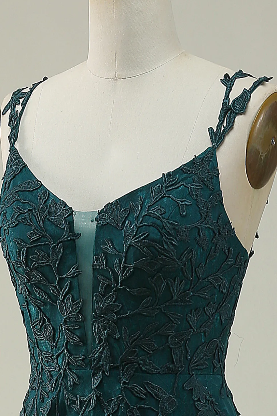 A Line Esparguete Correias Verde Escuro Vestido de Baile Com Apliques