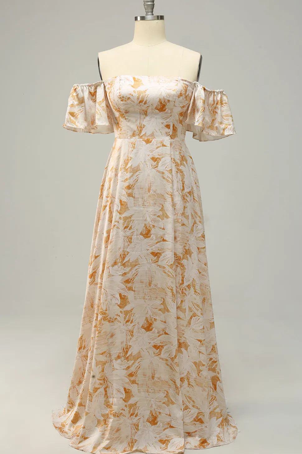 A Line Fora do Ombro Amarelo Flor Estampado Vestido de Dama de Honor