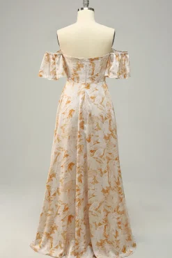 A Line Fora do Ombro Amarelo Flor Estampado Vestido de Dama de Honor