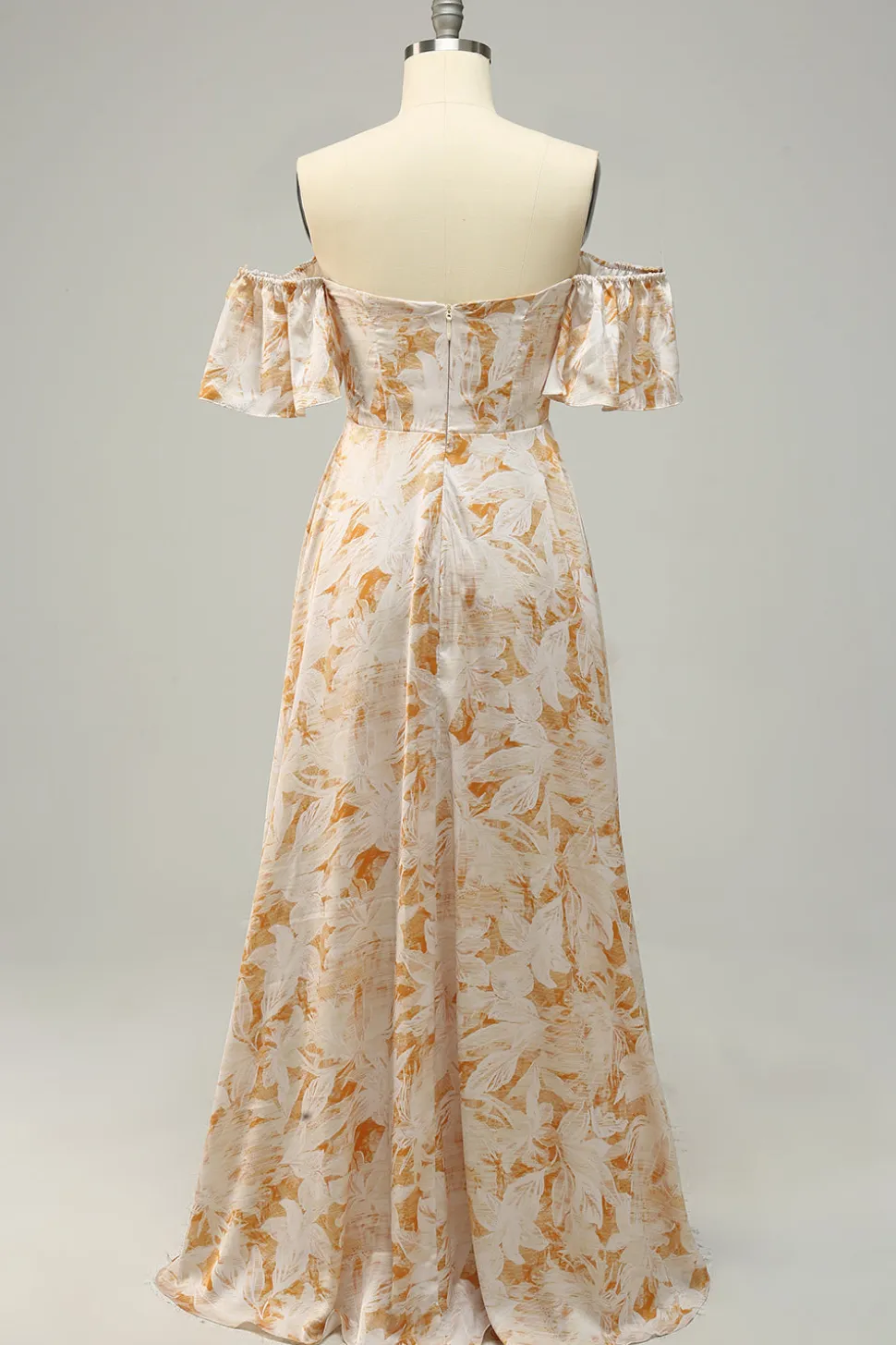 A Line Fora do Ombro Amarelo Flor Estampado Vestido de Dama de Honor