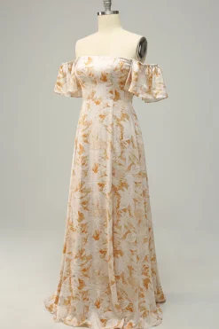 A Line Fora do Ombro Amarelo Flor Estampado Vestido de Dama de Honor