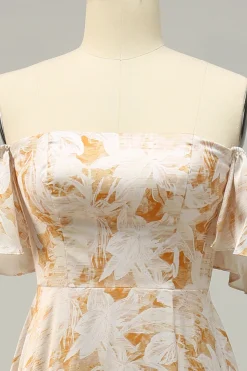A Line Fora do Ombro Amarelo Flor Estampado Vestido de Dama de Honor