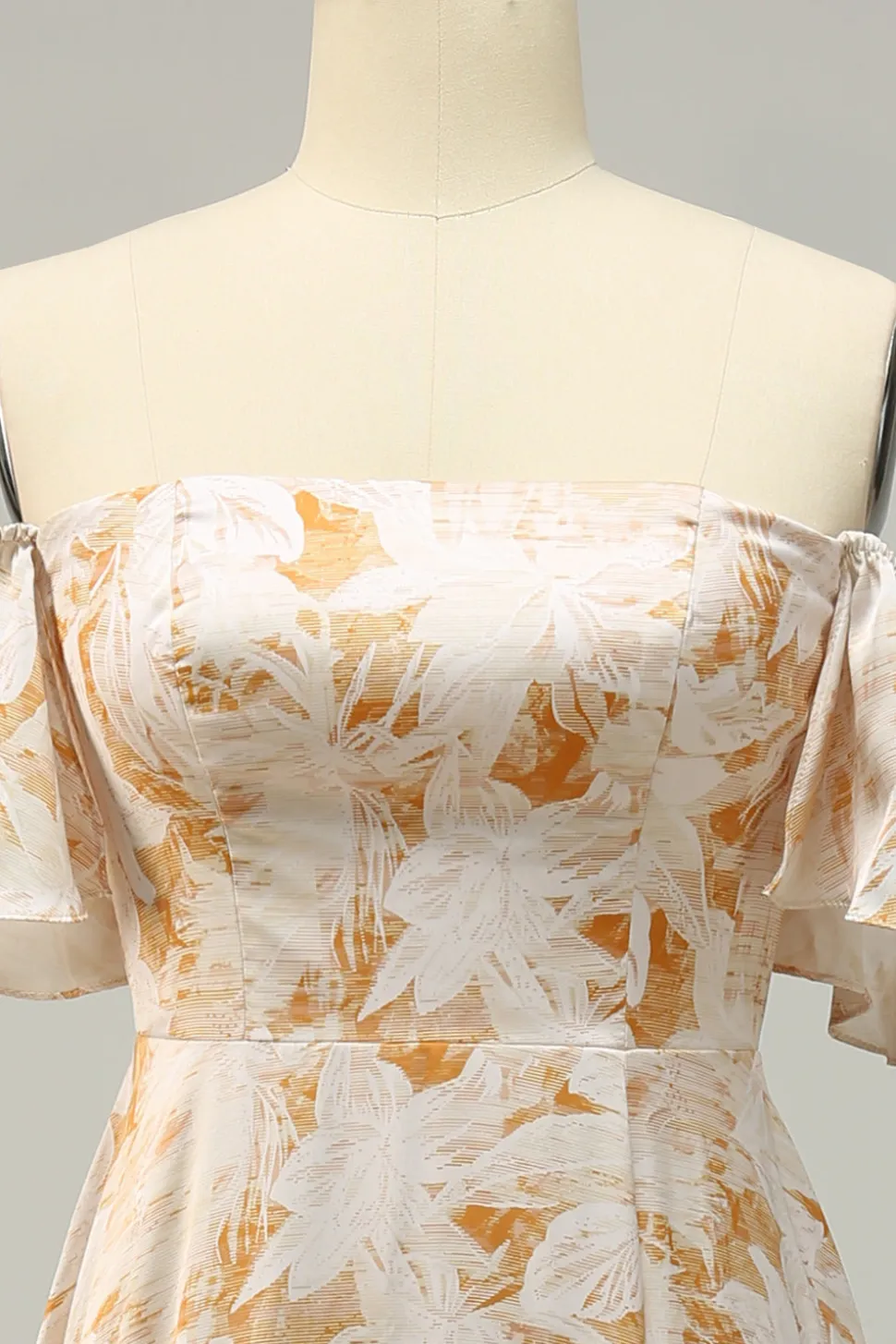 A Line Fora do Ombro Amarelo Flor Estampado Vestido de Dama de Honor