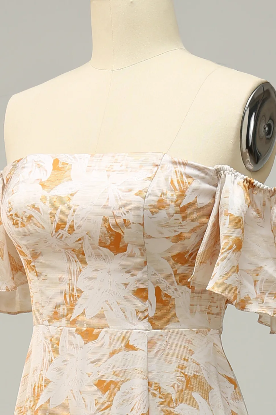 A Line Fora do Ombro Amarelo Flor Estampado Vestido de Dama de Honor