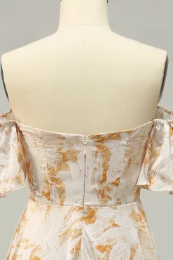A Line Fora do Ombro Amarelo Flor Estampado Vestido de Dama de Honor