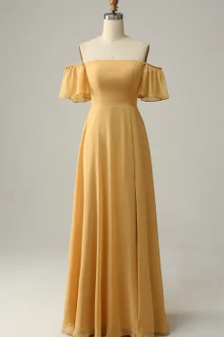 A Line Fora do Ombro Amarelo Flor Estampado Vestido de Dama de Honor