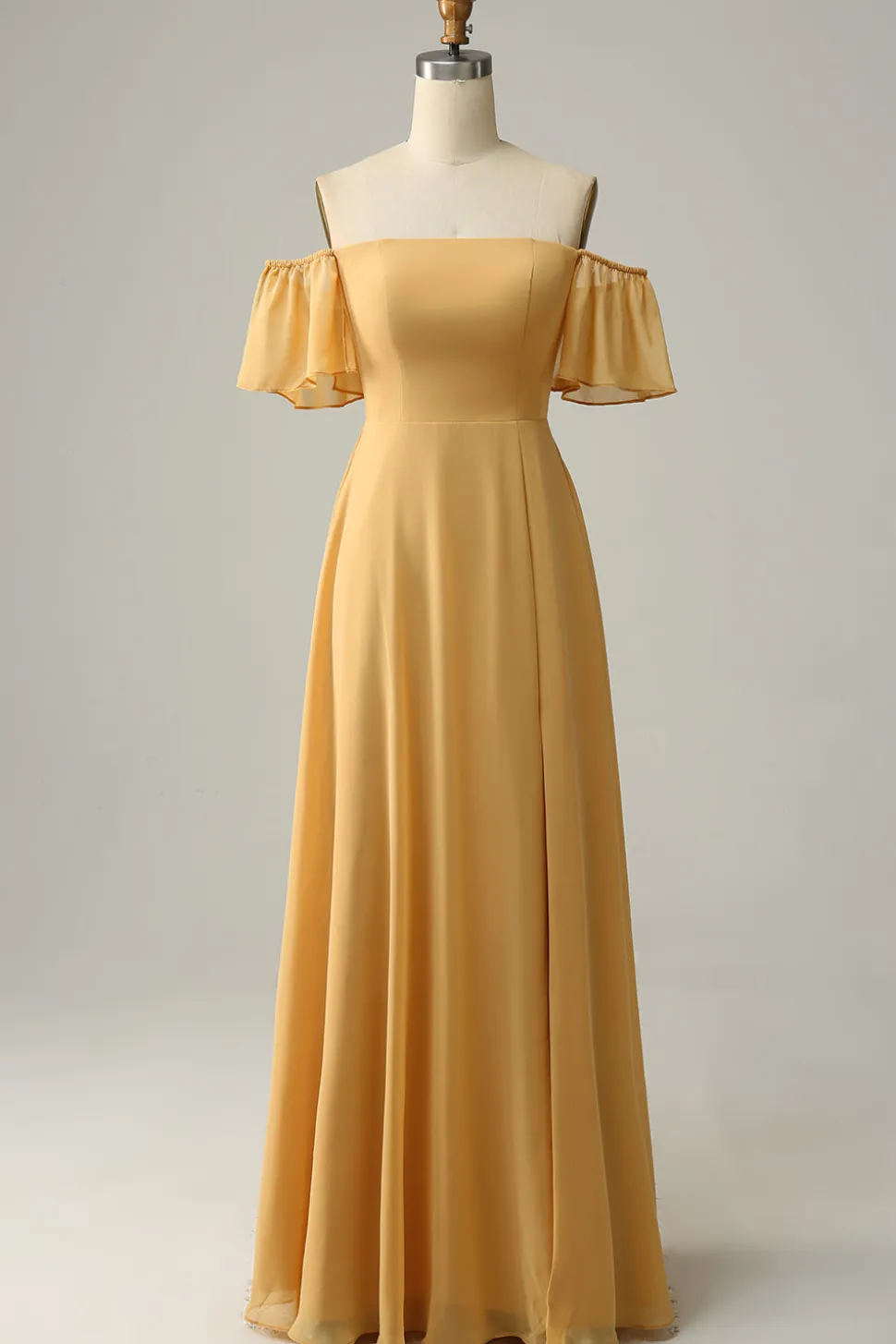A Line Fora do Ombro Amarelo Flor Estampado Vestido de Dama de Honor