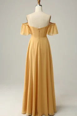 A Line Fora do Ombro Amarelo Flor Estampado Vestido de Dama de Honor