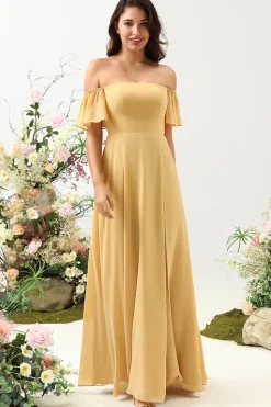 A Line Fora do Ombro Amarelo Vestido de Dama de Honor