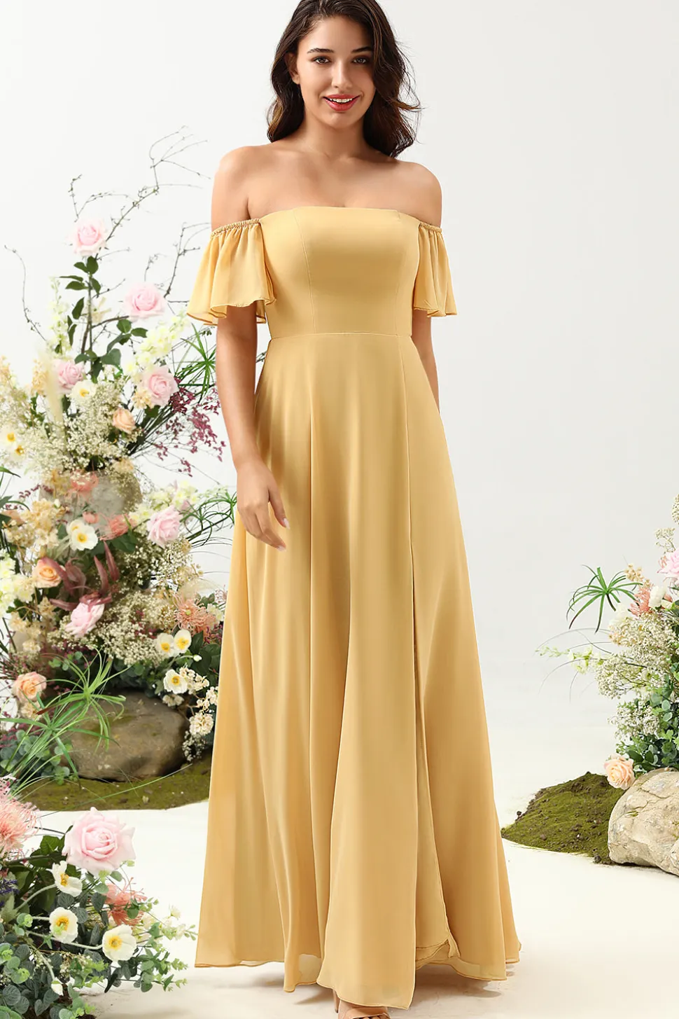 A Line Fora do Ombro Amarelo Vestido de Dama de Honor