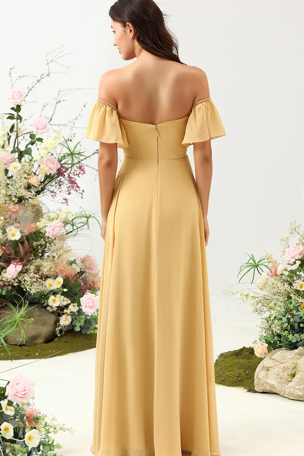 A Line Fora do Ombro Amarelo Vestido de Dama de Honor